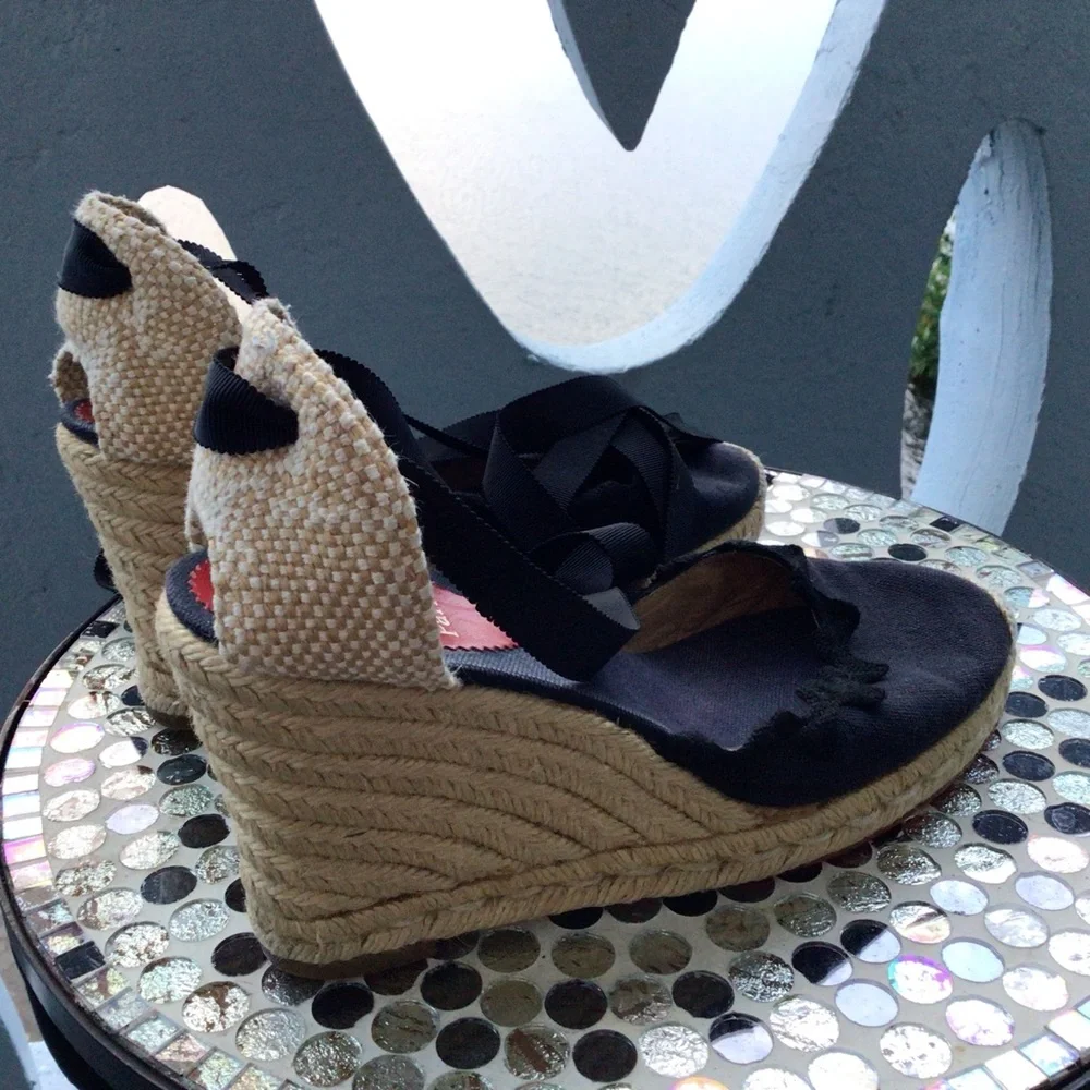 Christian Louboutin Black and Navy Espadrille Wedge Ankle Wrap Ribbon Sandals
